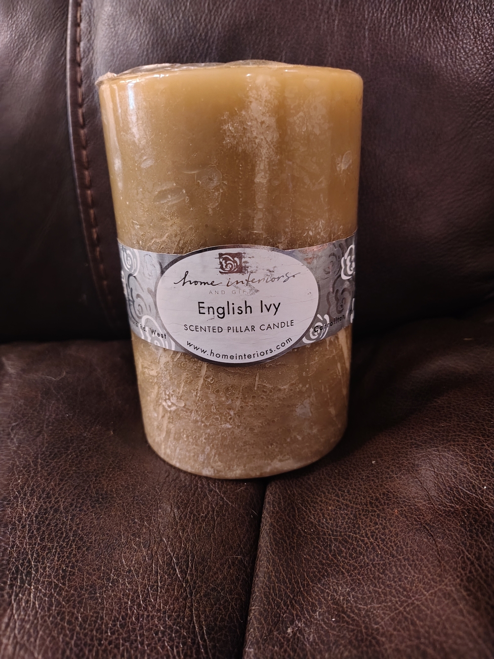 Home Interiors English Ivy Scented Pillar Candle - Olive/Tan - Picture 2 of 6